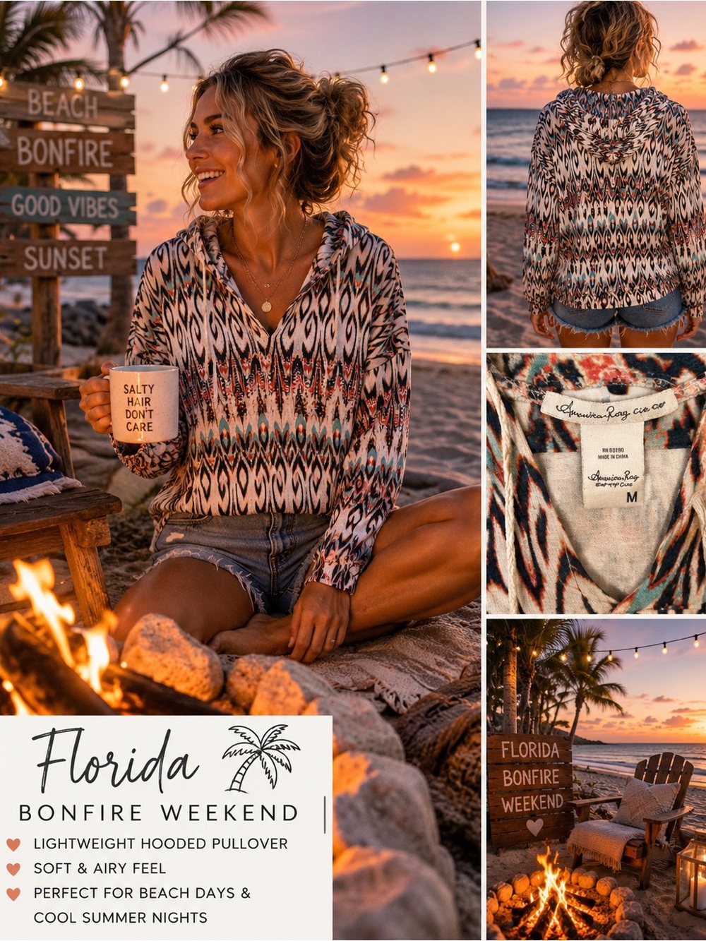American Rag Hooded Pullover in Cream, Teal & Rust medium